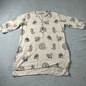 Y2K 2000s Vintage Linen Blend Aztec Native Tunic Wms Large Caveman Wall Art VTG